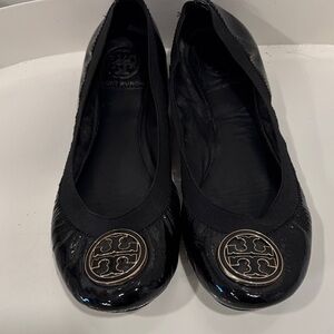 Tory Burch Black Patent Flats with Logo Emblem